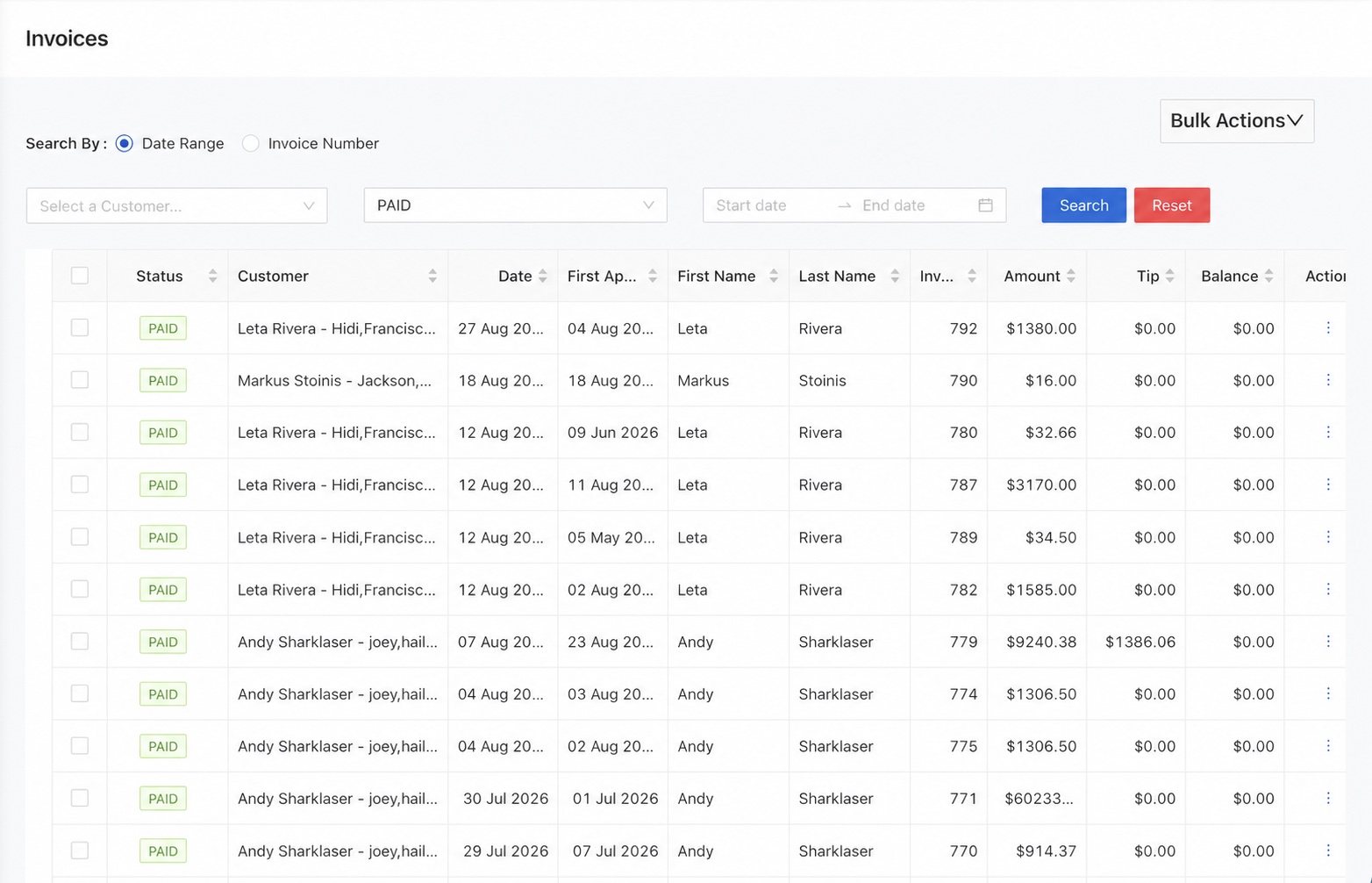 The DoTimely invoice list, filtered to paid invoices